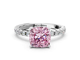 Silver Fancy Pink Cushion Cut Diamond Solitaire Ring with Round  Pavé Band and Four-Prong Setting_45