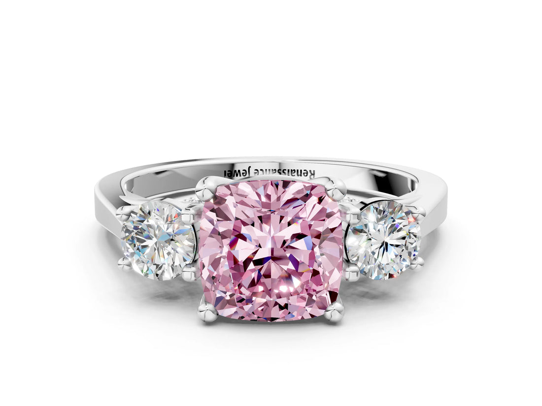 Silver Fancy Pink Cushion Cut Diamond Three-Stone Engagement Ring with Prong Setting and Pavé Band_36
