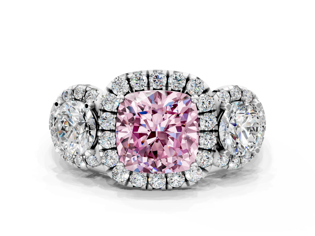 Silver Fancy Pink Cushion Cut Diamond Three-Stone Halo Ring with Prong Setting and Pavé Accents_6