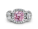 Silver Fancy Pink Cushion Cut Diamond Three-Stone Halo Ring with Prong Setting and Pavé Accents_6