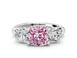 Silver Fancy Pink Cushion Cut Diamond Three-Stone Ring with Prong Setting and Pavé Band_6