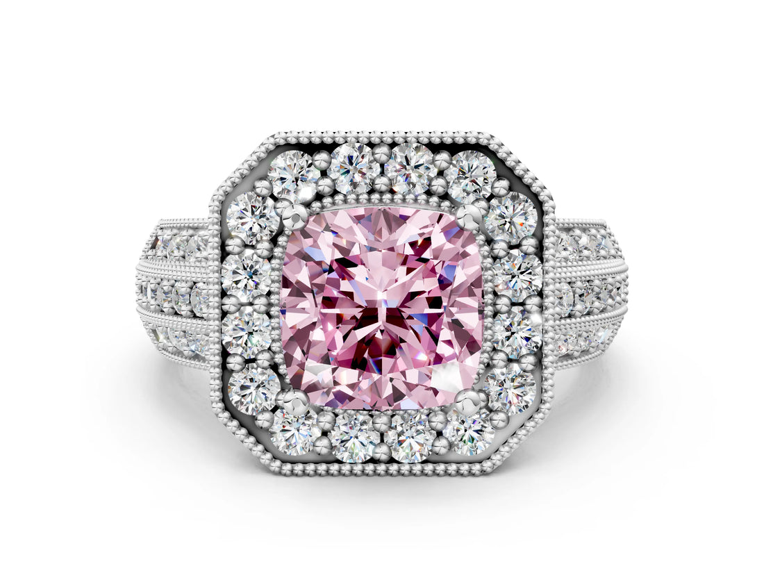 Silver Fancy Pink Cushion Cut Halo Diamond Engagement Ring with Pave Split Shank and Four-Prong Setting_6