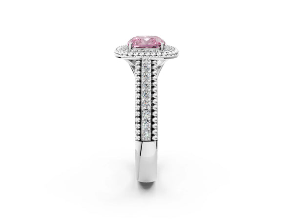 Sterling Silver Cushion Cut Beaded Halo Engagement Ring Setting for Fancy Pink Center with Pave