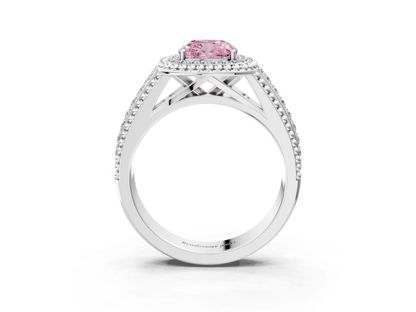 Sterling Silver Cushion Cut Beaded Halo Engagement Ring Setting for Fancy Pink Center with Pave