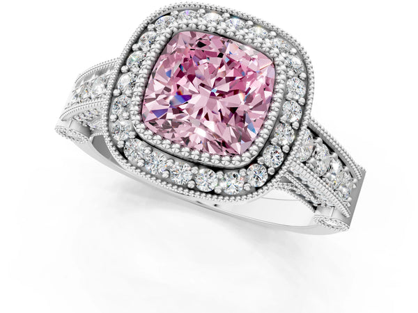 Sterling Silver Cushion Cut Vintage Bezel Halo Engagement Ring Setting for Fancy Pink Center