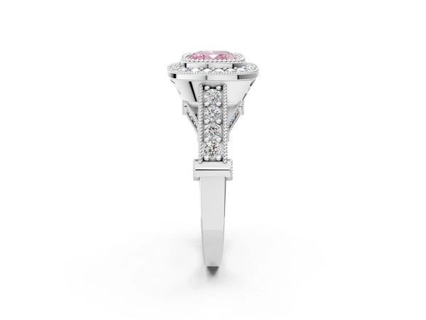 Sterling Silver Cushion Cut Vintage Bezel Halo Engagement Ring Setting for Fancy Pink Center