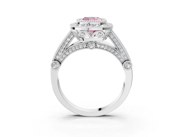 Sterling Silver Cushion Cut Vintage Bezel Halo Engagement Ring Setting for Fancy Pink Center