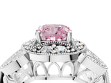Silver Fancy Pink Cushion Cut Halo Milgrain Diamond Engagement Ring with Leaf Band and Four-Prong Setting_10