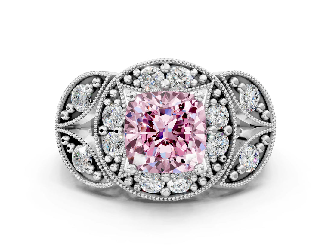 Silver Fancy Pink Cushion Cut Halo Milgrain Diamond Engagement Ring with Leaf Band and Four-Prong Setting_6