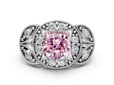 Silver Fancy Pink Cushion Cut Halo Milgrain Diamond Engagement Ring with Leaf Band and Four-Prong Setting_6