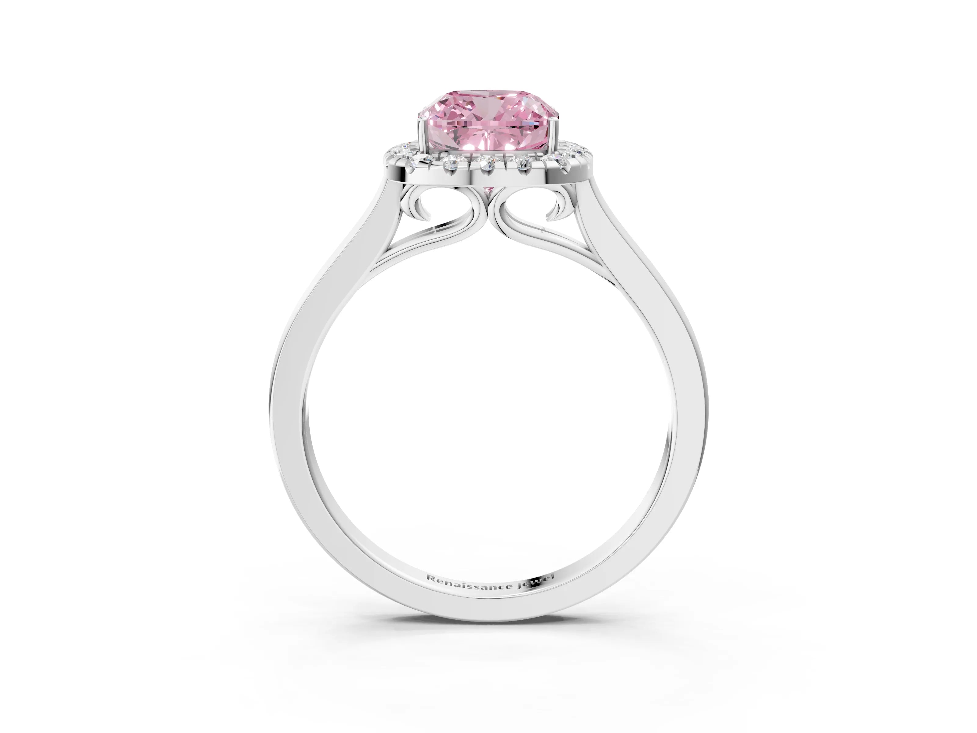 Silver Fancy Pink Cushion Cut Halo Round Diamond Solitaire Ring with Pavé Band and Four-Prong Setting_21