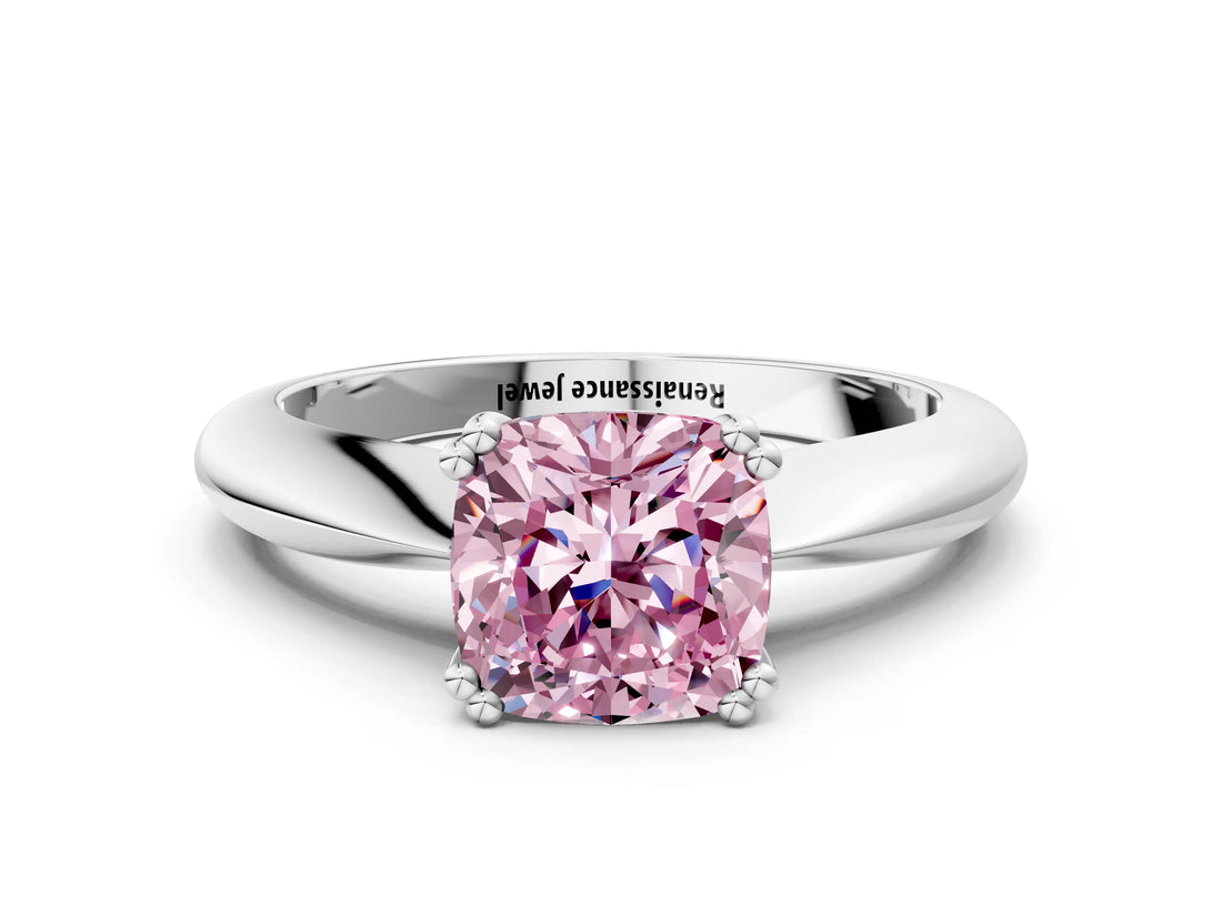 Silver Fancy Pink Cushion  Cut Solitaire Engagement Ring with Tapered Band and Four-Prong Setting 1