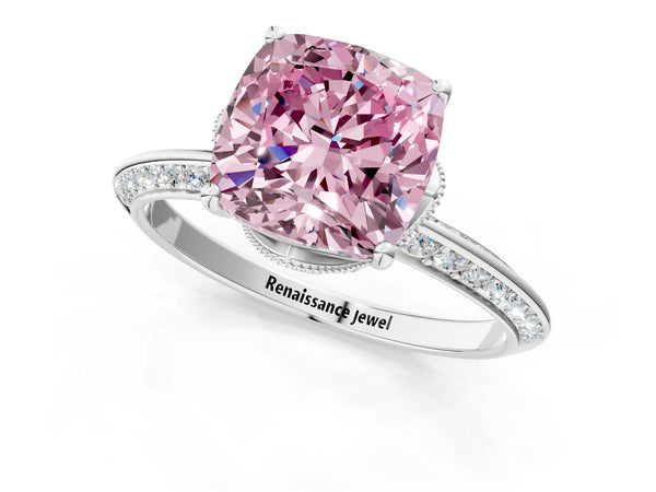 Sterling Silver Cushion Cut Graduated Pave Engagement Ring Setting for Fancy Pink Center