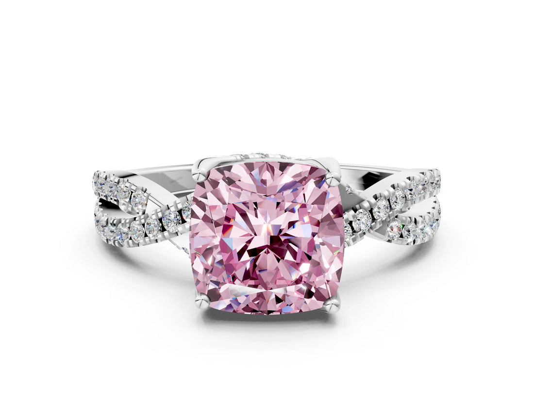 Silver Fancy Pink Cushion Cut Solitaire Twist Pave Diamond Engagement Ring with Prong Setting_46