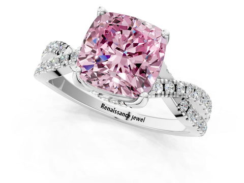Silver Fancy Pink Cushion Cut Solitaire Twist Pave Diamond Engagement Ring with Prong Setting_47