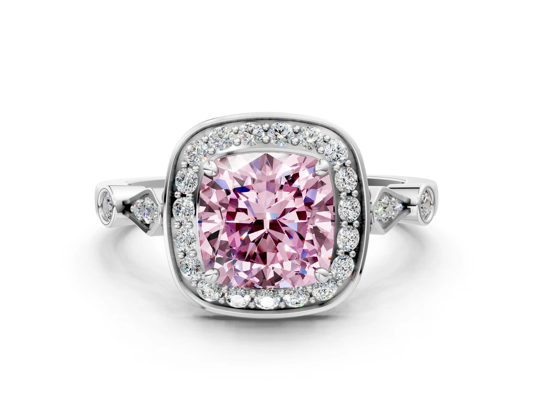 Silver Fancy Pink Cushion  Halo Diamond Engagement Ring with Twisted Band and Four-Prong Setting 1