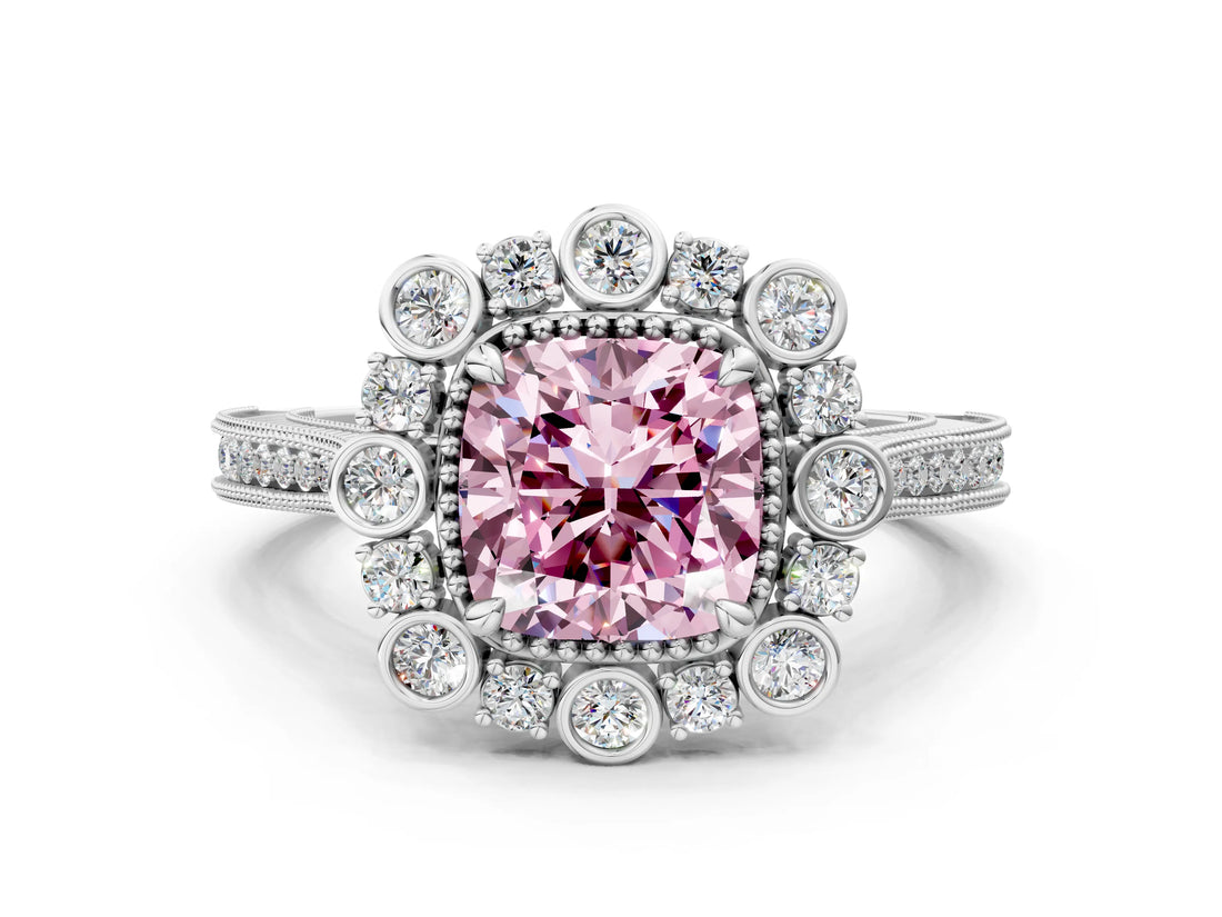 Silver Fancy Pink Cushion  Halo Milgrain Pave Diamond Ring with Four-Prong Setting 1
