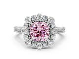 Silver Fancy Pink Cushion  Halo Milgrain Pave Diamond Ring with Four-Prong Setting 1