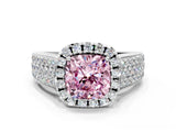 Silver Fancy Pink Cushion  Halo Round Diamond Pave Band with Prong Setting