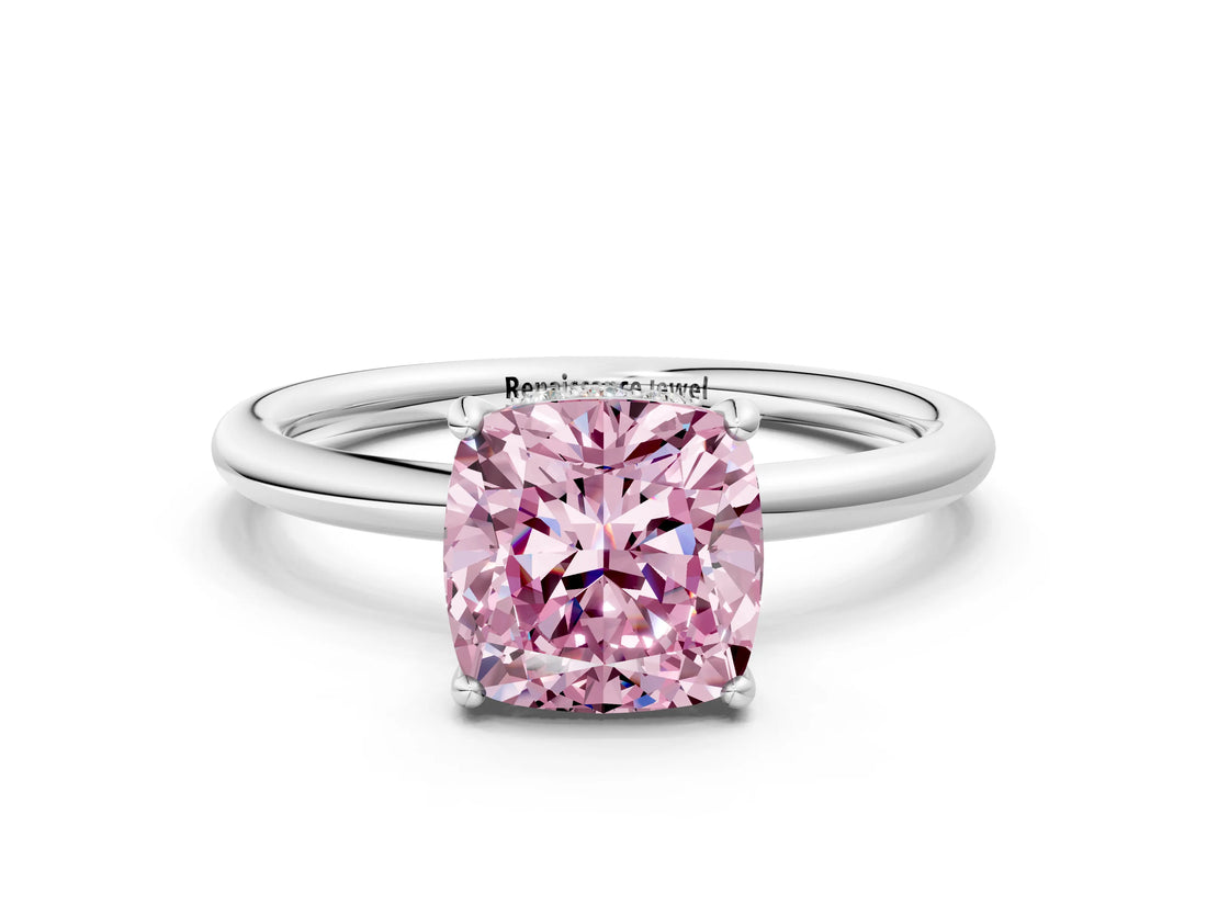 Silver Fancy Pink Cushion  Solitaire Diamond Ring with a Classic Band and Four-Prong Setting 1