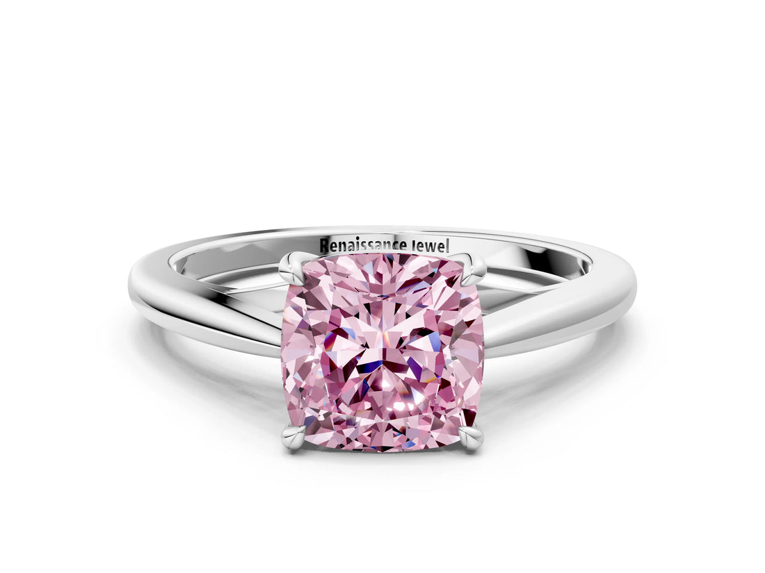 Silver Fancy Pink Cushion  Solitaire Engagement Ring with Four-Prong Setting and Classic Band