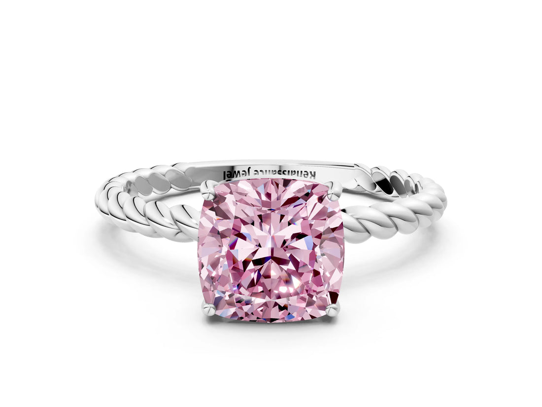 Silver Fancy Pink Cushion  Solitaire Twist Band Ring with Four-Prong Setting