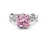 Silver Fancy Pink Cushion  Solitaire Twist Band with Leaf Prong Setting 1