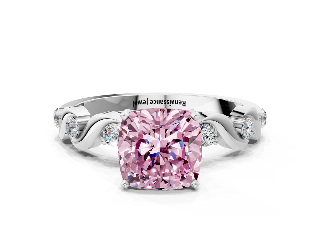 Silver Fancy Pink Cushion  Solitaire Twisted Band with Prong Setting