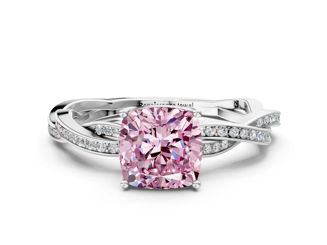 Silver Fancy Pink Cushion  Solitaire Twisted Pave Diamond Ring with Four-Prong Setting