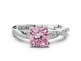 Silver Fancy Pink Cushion  Solitaire Twisted Pave Diamond Ring with Four-Prong Setting