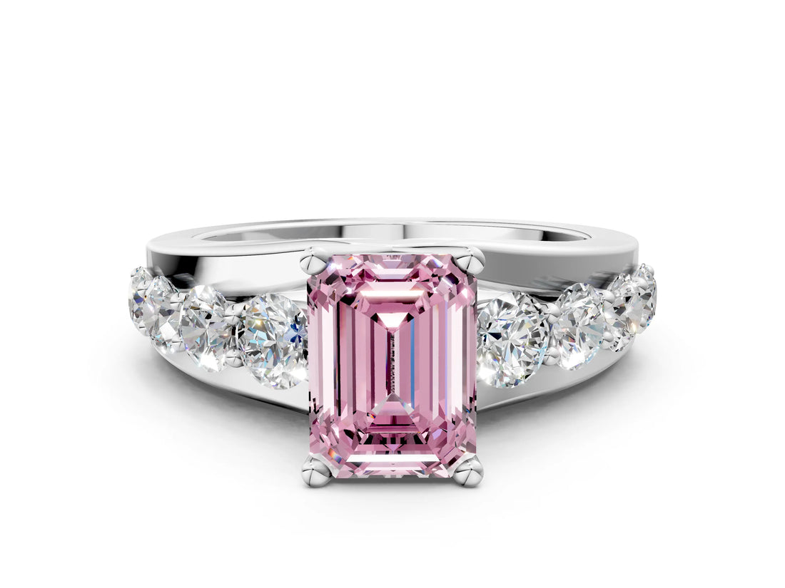 Silver Fancy Pink Emerald  Brilliant Solitaire with Side Stones on a Pave Band and Four-Prong Setting_12