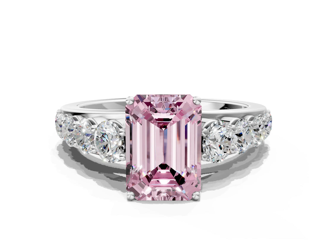 Silver Fancy Pink Emerald Cut Brilliant Diamond Pavé Band with Six-Prong Setting_18