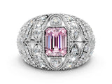 Silver Fancy Pink Emerald Cut Brilliant Halo Pave Diamond Milgrain Ring_6