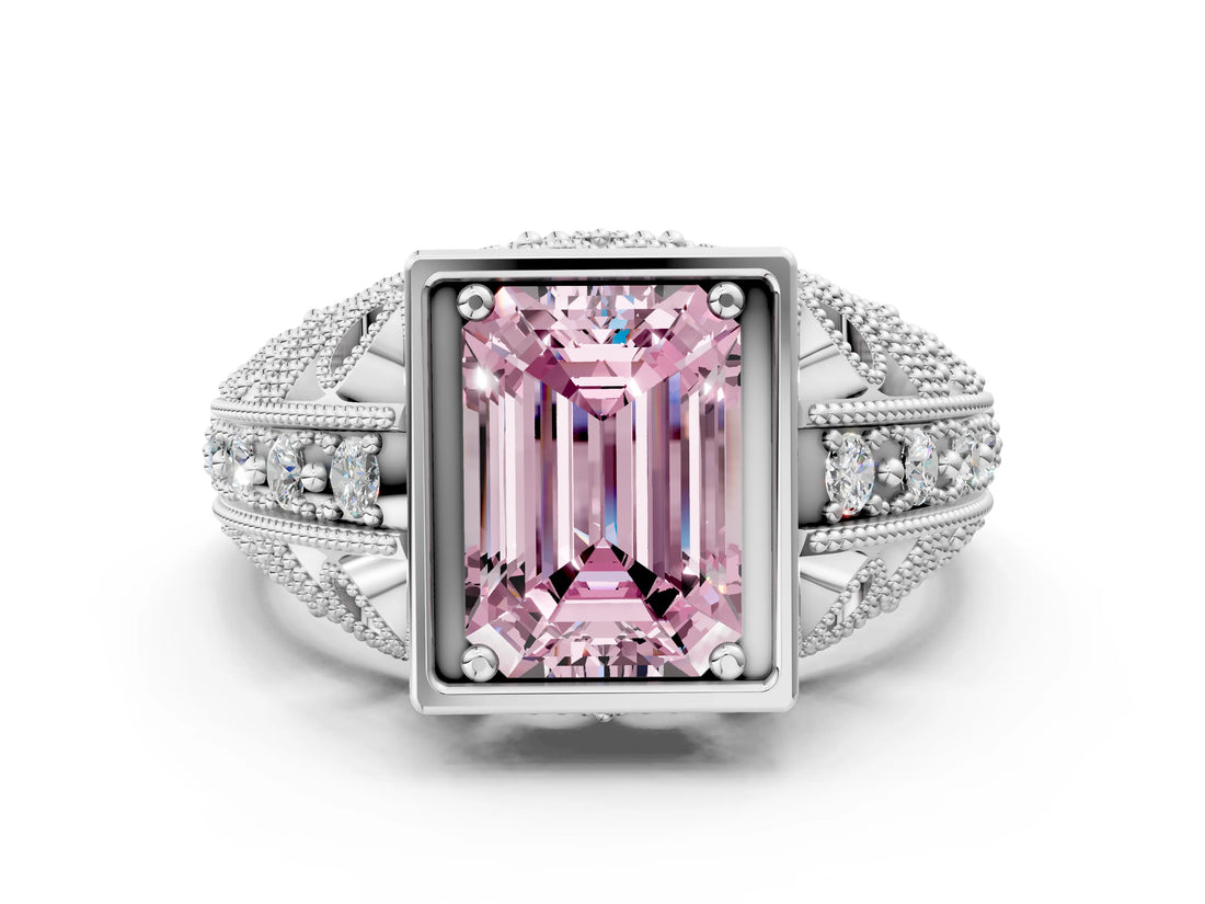 Silver Fancy Pink Emerald Cut Brilliant Milgrain Filigree Diamond Ring with Square Prong Setting_6