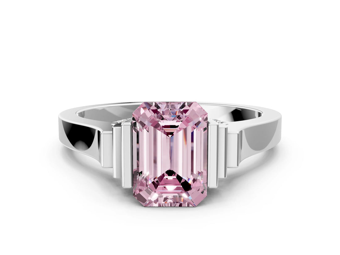 Silver Fancy Pink Emerald Cut Brilliant Solitaire Diamond Ring with Channel Set Band and Bar Prong Setting_18