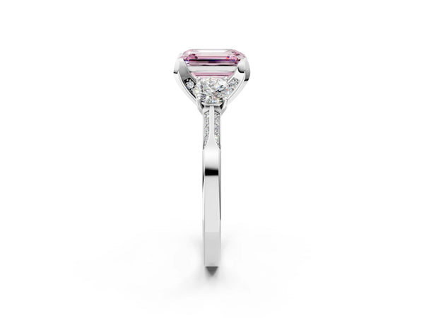 Sterling Silver Emerald Cut Three Stone Hidden Halo Engagement Ring Setting for Fancy Pink Center