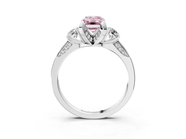 Sterling Silver Emerald Cut Three Stone Hidden Halo Engagement Ring Setting for Fancy Pink Center