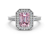 Silver Fancy Pink Emerald Cut-Cut Diamond Halo Engagement Ring with Pave Band and Prong Setting_12