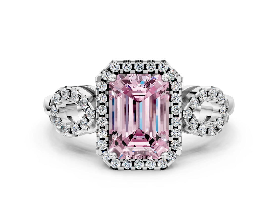 Silver Fancy Pink Emerald Cut Cut Halo Diamond Infinity Band with Four-Prong Setting_6