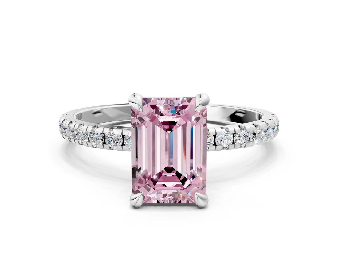 Silver Fancy Pink Emerald Cut Diamond Brilliant Solitaire Ring with Pavé Band and Four-Prong Setting_42