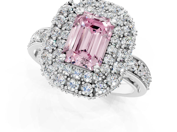 Silver Fancy Pink Emerald Cut Diamond Double Halo Ring with Pavé Band and Four-Prong Setting
