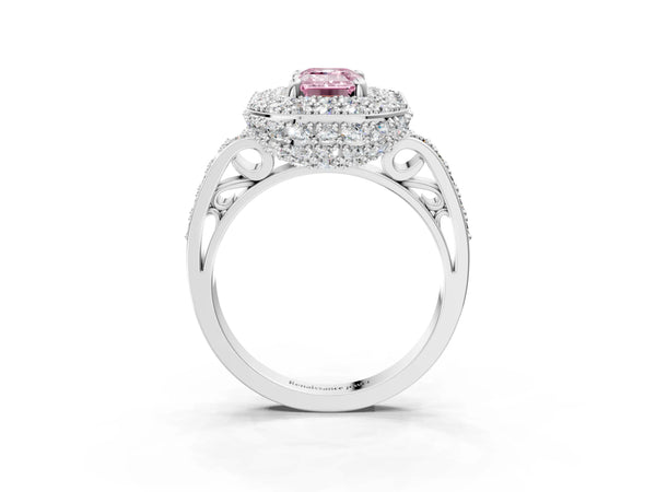 Silver Fancy Pink Emerald Cut Diamond Double Halo Ring with Pavé Band and Four-Prong Setting