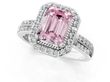 Silver Fancy Pink Emerald Cut Diamond Double Halo Ring with Split Shank and Four-Prong Setting_7