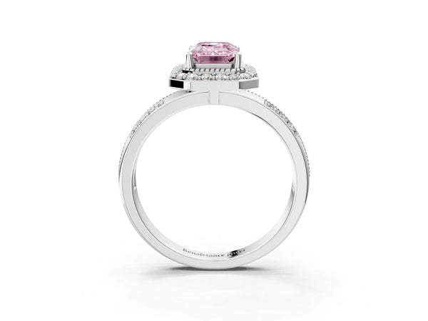Silver Fancy Pink Emerald Cut Diamond Double Halo Ring with Split Shank and Four-Prong Setting
