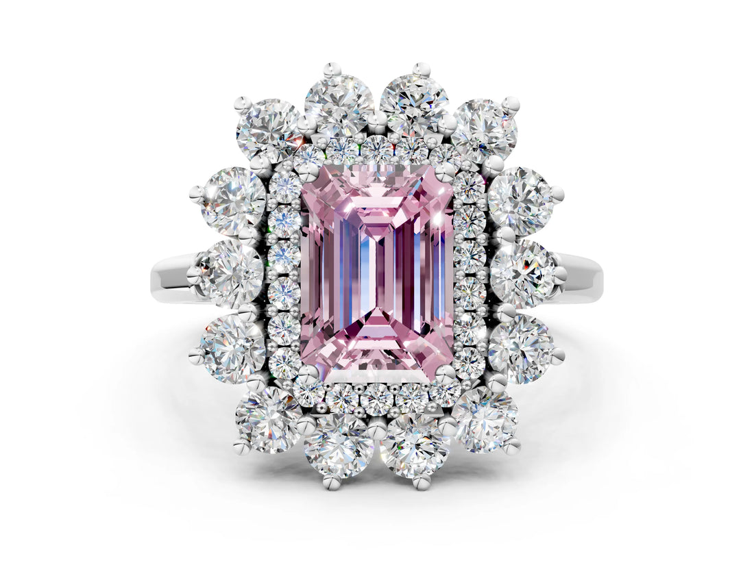 Silver Fancy Pink Emerald Cut Diamond Floral Double Halo Engagement Ring with Prong Setting_132
