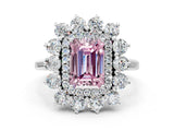 Silver Fancy Pink Emerald Cut Diamond Floral Double Halo Engagement Ring with Prong Setting_132