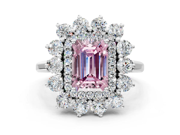 Sterling Silver Emerald Cut Floral Double Halo Engagement Ring Setting for Fancy Pink Center