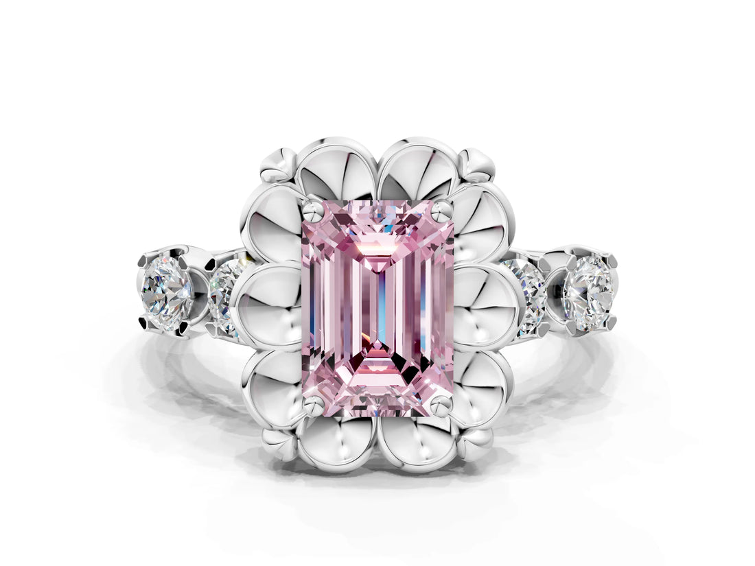 Silver Fancy Pink Emerald  Cut Diamond Floral Halo Engagement Ring with Shared Prong Setting 1