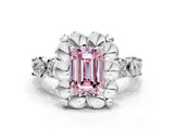 Silver Fancy Pink Emerald  Cut Diamond Floral Halo Engagement Ring with Shared Prong Setting 1