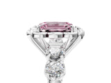 Silver Fancy Pink Emerald  Cut Diamond Floral Halo Engagement Ring with Shared Prong Setting